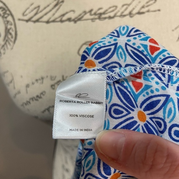 ROBERTA ROLLER RABBIT Lucia Fringe Off Shoulder Top Blue Tile Print sz S - Picture 8 of 8